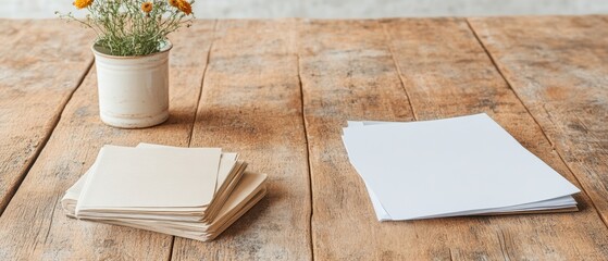 Poster - Rustic Office Vibes Paper Stacks with Wooden Textures and Florals - Document Management Solutions for Modern Workspace Aesthetics and Efficient Workflow Optimization