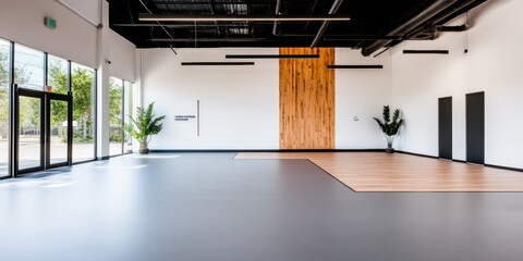 Poster - contemporary gym interior minimalist dumbbell rack display with natural wood accents and open space 