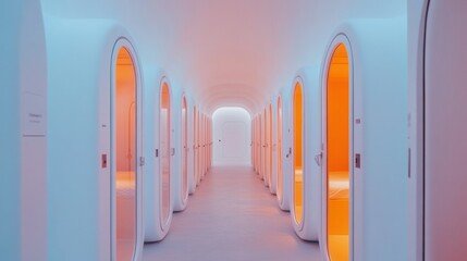 Poster - Futuristic Shared Capsule Hallway Minimalist LED-Lit Pods in Sleek Design for Urban Space Efficiency and Modern Living Solutions