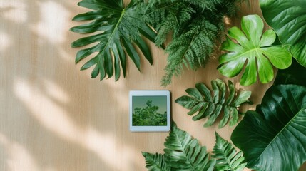 Fototapete - Tech-Infused Botanical Workspace Digital Tablet Amidst Lush Greenery on Wooden Surface - Enhancing Creative Collaboration and Modern Lifestyle Content