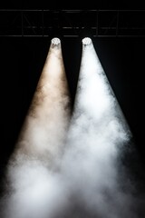 Aufkleber - Dynamic Stage Lighting Setup High-Contrast LED Spotlights Amidst Fog - Event Production Quality and Professional Entertainment Showcases