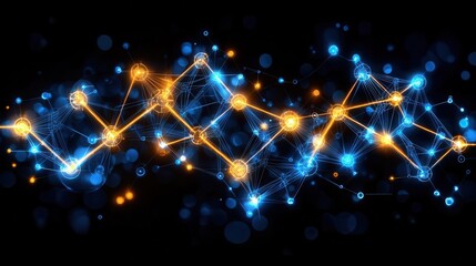 Poster - A vibrant abstract network of glowing nodes in blue and orange. This captivating digital art highlights connectivity and innovation in technology.