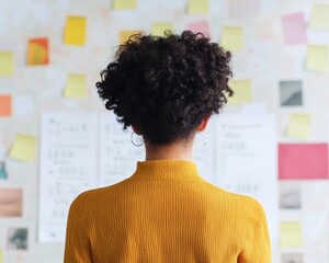 Aufkleber - Contemporary Business Planning Confident Young Professional Focused in Creative Workspace with Textured Elements - Ideal for Leadership Empowerment and Career Coaching Content