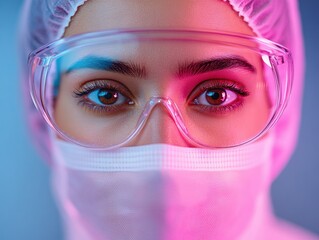 Leinwandbilder - Neon-Tech Lab Aesthetic Female Scientist in Protective Gear with Micropipettes - Enhancing Precision in Medical Research for Innovative Healthcare Solutions