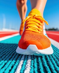 Poster - Vibrant Knit-Tech Athletic Shoes on Track Surface Enhancing Sports Facility Ready for Competitive Performance and Modern Athletic Gear Marketing