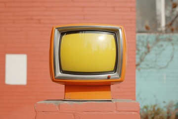 Poster - Nostalgic Media Display Retro Curved Screen TV on Weathered Brick - Vintage Design Content and Broadcast History for Media Marketing