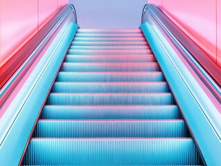 Poster - Neon Gradient Escalators Futuristic Retail Design in Modern Shopping Malls - Enhancing Urban Commerce with Sleek Metal and Glass Aesthetics