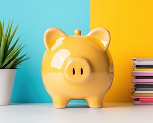 Aufkleber - Contemporary Financial Planning Decor Yellow Ceramic Piggy Bank on Minimalist Surface with Vibrant Background - Strategic Savings Content for Business Marketing and Future Wealth Education