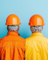 Aufkleber - Contemporary Construction Crew Coordination Vibrant Helmets and Team Dynamics on Colorful Backdrop - Professional Visual for Building Industry Standards and Project Management