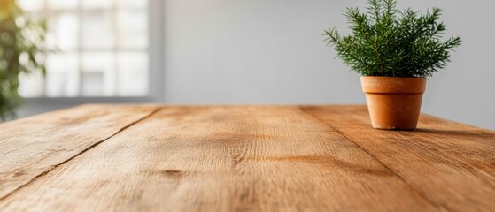 Poster - Eco-Friendly Workspace Vision Reclaimed Wood Table with Potted Greenery in a Sunlit Open Space - Modern Office Content and Green Business Interiors