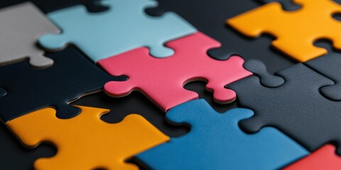 Aufkleber - Contemporary Collaborative Workspace Hands Aligning Vibrant Puzzle Pieces on Sleek Black Surface - Team Strategy Visualization and Innovative Problem-Solving for Business Growth