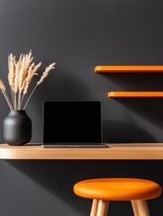 Aufkleber - Minimalist Workspace Elegance Sleek Computer Station with Natural Wood Desk and Bold Orange Accents - Modern Productivity Content for Remote Work and Creative Home Office Inspiration