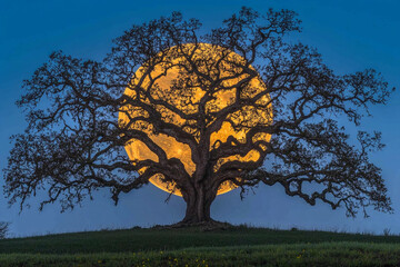 Sprawling tree silhouette against a glowing full moon in dusk sky