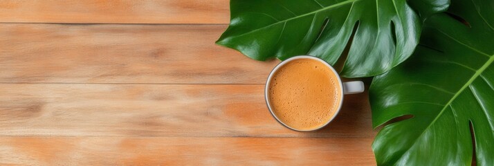 Leinwandbilder - Scandinavian Workspace Vibe Minimalist Wooden Desk with Laptop, Planner and Coffee Under Monstera - Streamlined Office Content and Productivity Design for Modern Work Environments