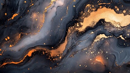 Poster - Mesmerizing Fluid Marble Abstract with Shimmering Gold Splatter and Celestial Vibes  This captivating digital artwork features a swirling ethereal composition of dark inks and metallic pigments