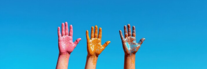 Poster - Vibrant Expression Painted Hands in Skyward Collaboration - Creative Learning Content for Artistic Education and Dynamic Team Building Initiatives