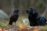 Black dog and raven engage in a curious encounter in a forest setting during autumn