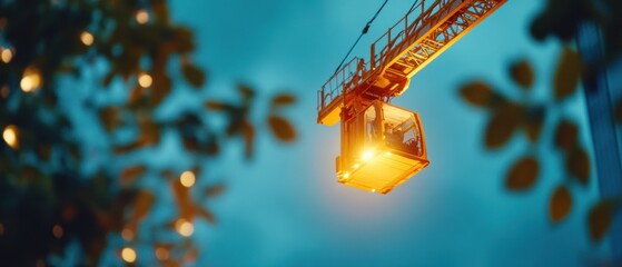 Poster - Industrial Crane Aesthetic Dynamic Construction Site at Dusk with Illuminated Cabin - Modern Project Management and Urban Development for Construction Innovation