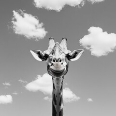 Poster - Monochrome Wildlife Portrait Majestic Giraffe in Cloud-Dotted Sky - Artistic Visual Content for Modern Conservation Campaigns and Nature-Inspired Branding
