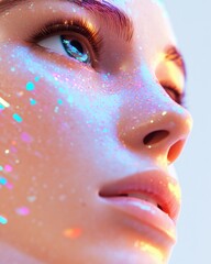 Aufkleber - Futuristic Glamour in Digital Avatars Hyper-Realistic AI Female with Metallic Accents for Beauty Tech and Virtual Influencer Engagement in Clean Pastel Studio Setting
