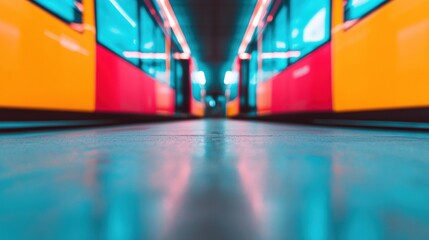 Aufkleber - Vibrant Neon Transit Hub Glass-Structured Bus Station Interior with Illuminated Paths - Urban Mobility Enhancer and Smart City Infrastructure