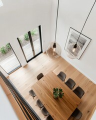Leinwandbilder - Sustainable Urban Living Scandinavian-Inspired Minimalist Dining with Floating Staircase and Floor-to-Ceiling Windows - Modern Home Design for Influential Architectural Showcases