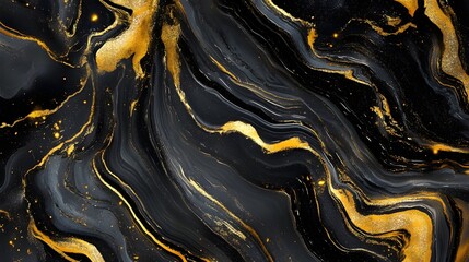 Fototapete - Mesmerizing Golden Marble Background with Abstract Fluid Patterns and Shiny Textured Designs  This luxurious and elegant image features a captivating blend of black gold and organic shapes