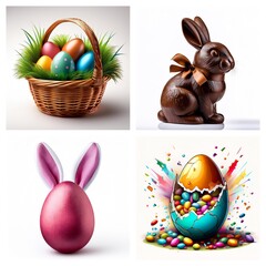 Poster - A collage of four Easter themed images shows a basket of colorful eggs, a chocolate bunny, egg with bunny ears, and a cracked egg filled with candies.