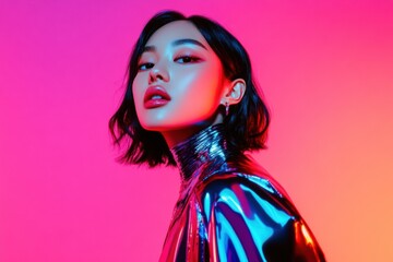 Aufkleber - AI-Driven Korean Virtual Influencer in Dynamic Holographic Cyber Dress for Digital Fashion Marketing and Metaverse Branding Campaigns