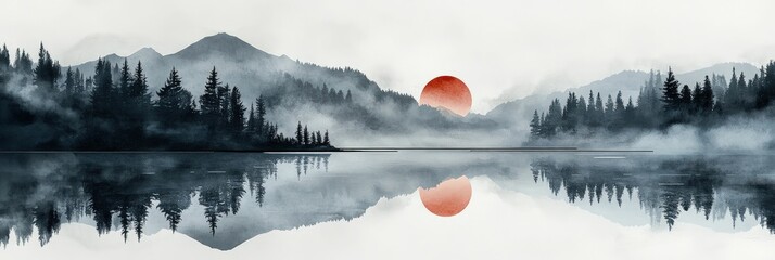 Canvas Print - Serene misty lake reflecting mountains sunset