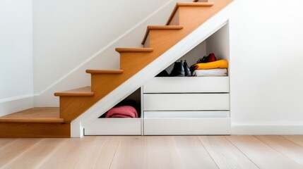 Poster - Scandinavian Minimalist Under-Stairs Storage Sleek Pull-Out Drawers in Light Wood for Modern Home Organization - Real Estate and DIY Interior Design Innovation