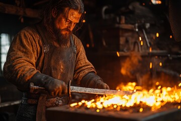 Aufkleber - Blacksmith crafts sword in a fiery forge, showcasing traditional metalworking skills in a historical setting