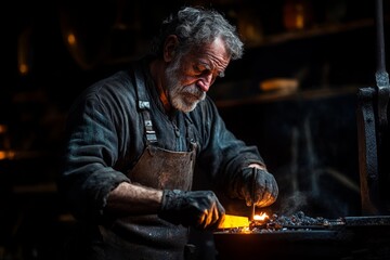 Aufkleber - Master blacksmith at work crafting a blade in a dimly lit forge surrounded by tools and glowing embers