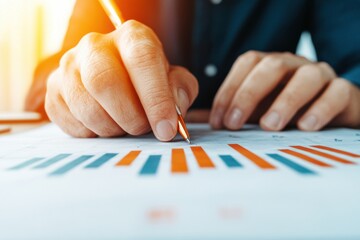 Fototapete - Collaborative Business Strategy Meeting Hands Analyzing Colorful Graphs on Paper - Modern Decision-Making Process in Corporate Setting for Enhanced Team Communication and Productivity