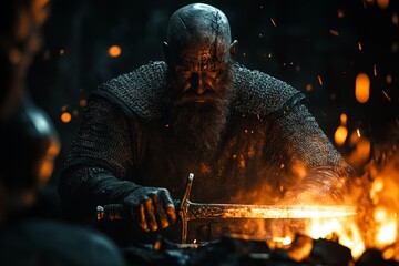 Poster - Blacksmith forges a sword in a dimly lit forge surrounded by flames and glowing embers at night