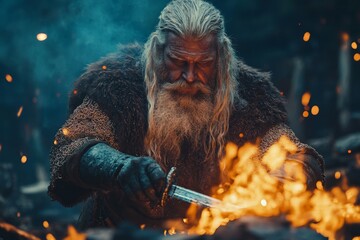 Aufkleber - Craftsman in fiery forge creating a sword with great focus in a forest setting during twilight hours