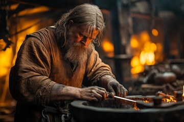 Aufkleber - Skilled blacksmith in a rustic forge crafting a sword, illuminated by warm glowing embers and flames