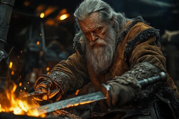 Aufkleber - Skilled blacksmith working in a forge, shaping a sword with intense focus and craftsmanship at night