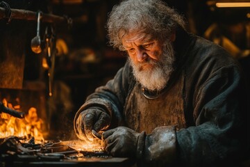 Aufkleber - Elderly blacksmith crafting intricate metalwork in a glowing forge during evening hours