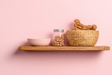 Leinwandbilder - Minimalist Pet Space Design Floating Wooden Shelf with Ceramic Bowls and Woven Basket - Eco-Friendly Storage for Modern Home and Pet Brand Showcases