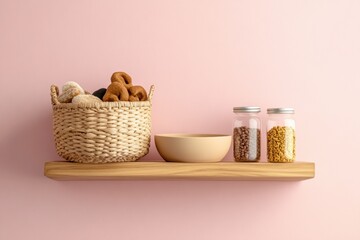 Poster - Minimalist Pet Care Display Wooden Shelf with Ceramic Bowls and Woven Basket on Pastel Wall - Trendy Home Decor for Pet Brands and Stylish Storage Solutions