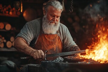 Poster - Master blacksmith working on a sword in a traditional forge during the late afternoon