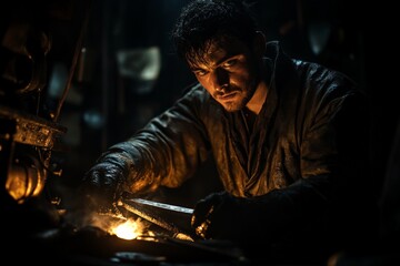 Aufkleber - Craftsman engaged in forging metal in a dimly lit workshop at night with sparks flying