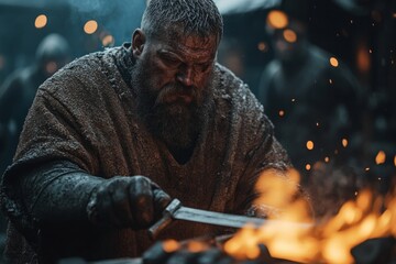 Poster - Blacksmith forging a sword in a medieval village during a cold evening under flickering flames