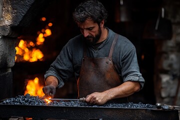 Poster - Blacksmith forging metal in a traditional workshop with glowing embers in the background during evening hours
