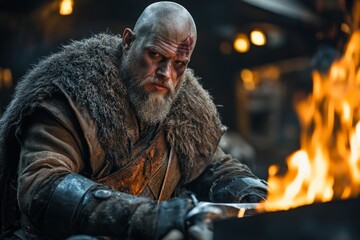 Poster - Craftsman forges metal in a traditional blacksmith workshop during medieval times