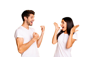 Poster - Photo of amazing yelling couple celebrating unbelievable free abroad trip lottery wear casual t-shirts isolated yellow color background
