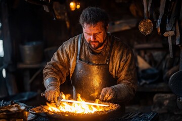 Aufkleber - Blacksmith crafting a sword in a traditional workshop filled with tools and firelight