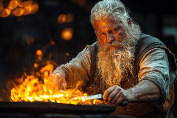 Poster - Master blacksmith shapes glowing metal in traditional forge during late evening hours