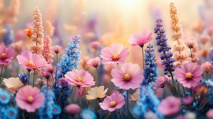 Sticker - Pastel flowers bloom in sunset meadow